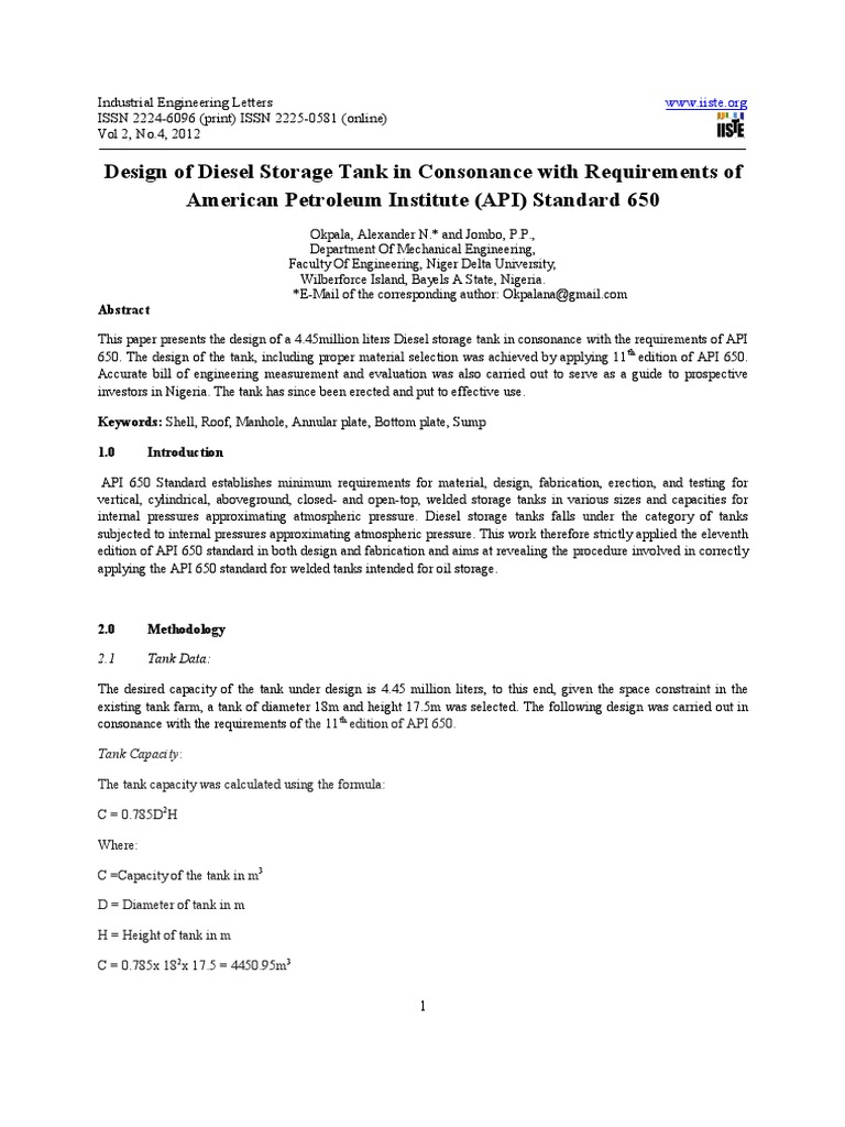 Diesel Tank Design per API 650 Standards | PDF | Computers