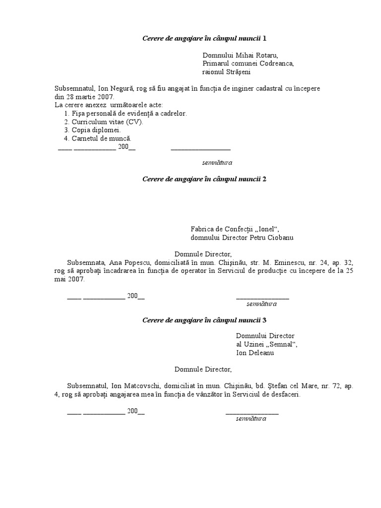 Cerere de Angajare in Cimpul Muncii