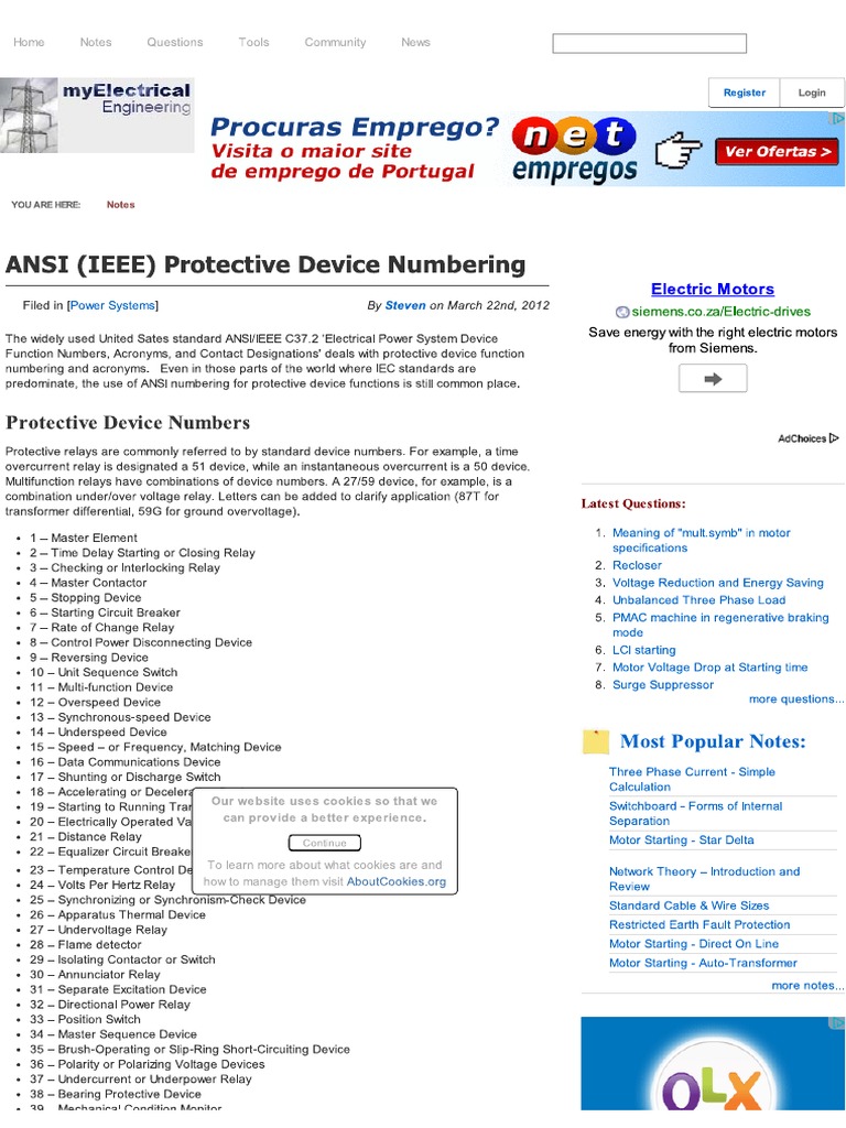 ANSI (IEEE) Protective Device Numbering