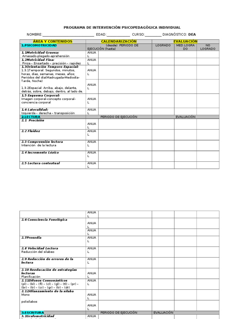 Dea. Programa de Intervención Psicopedagógica Semestral | PDF ...