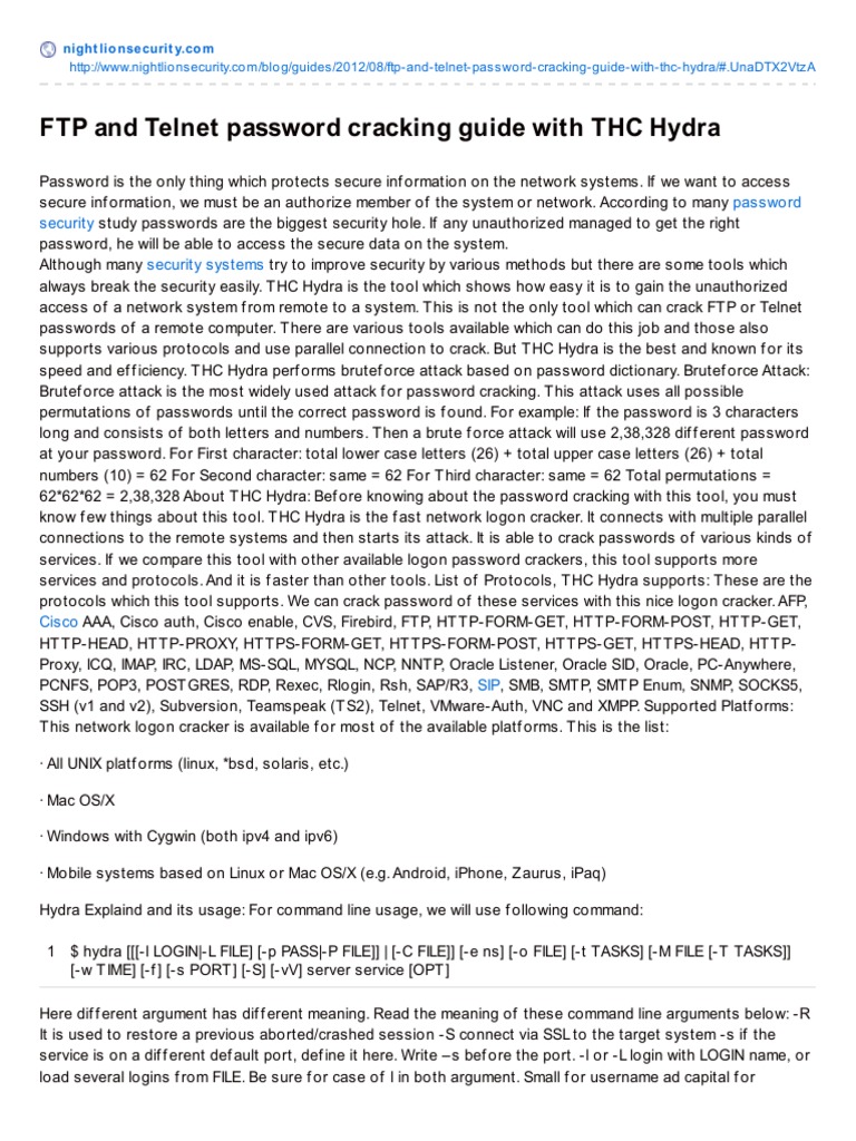 FTP and Telnet Password Cracking Guide With THC Hydra PDF | PDF ...