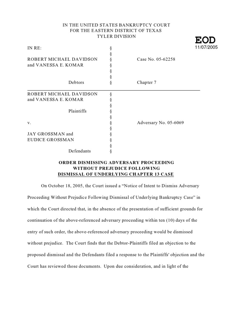 Order Dismissing Adversary Proceeding Without Prejudice Following