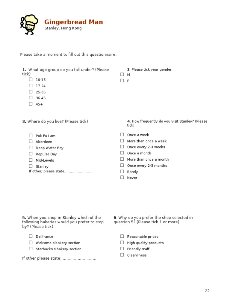 Stanley Bakery Survey Questionnaire | PDF | Cooking, Food & Wine
