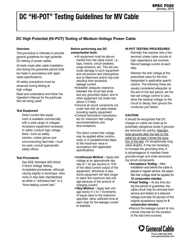 DC High Potential (HI-POT) Testing of Medium-Voltage Power Cable Spec ...