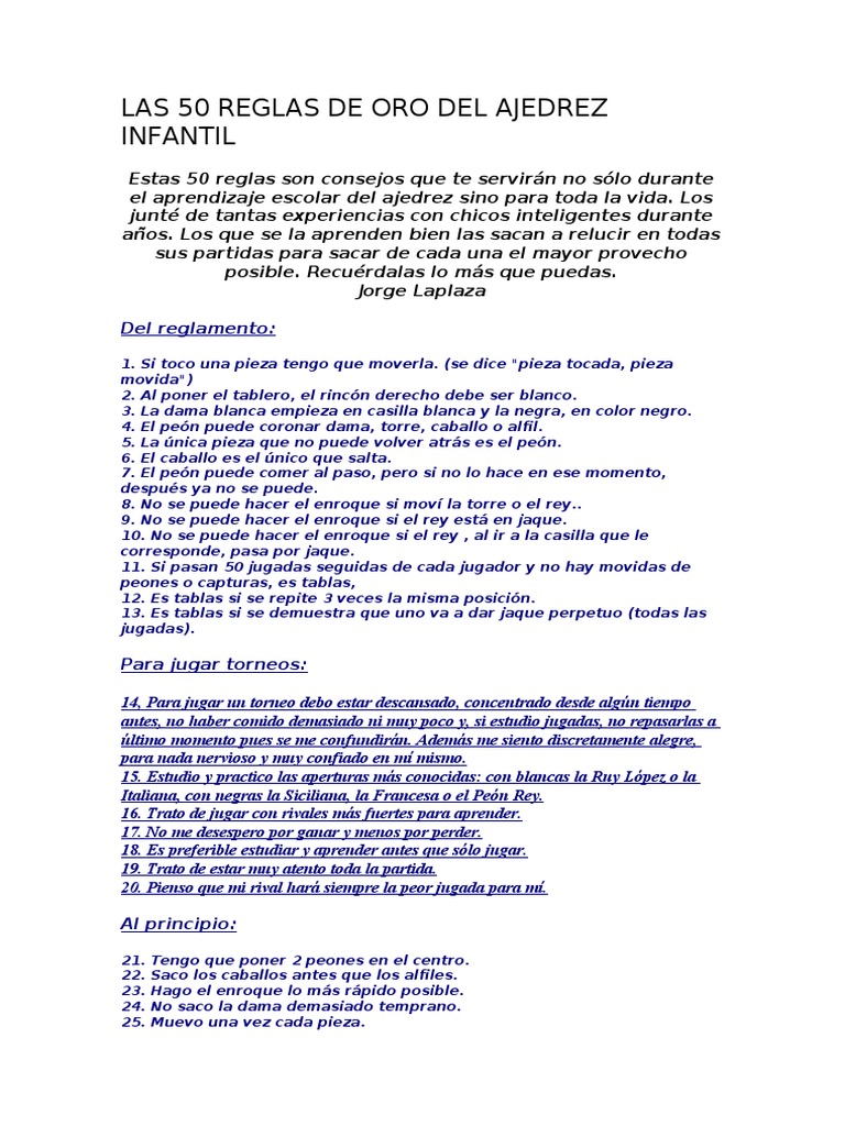 Las 50 Reglas de Oro Del Ajedrez Infantil Ajedrez