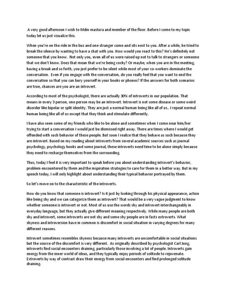 Introvert Speech Pdf Extraversion And Introversion Shyness