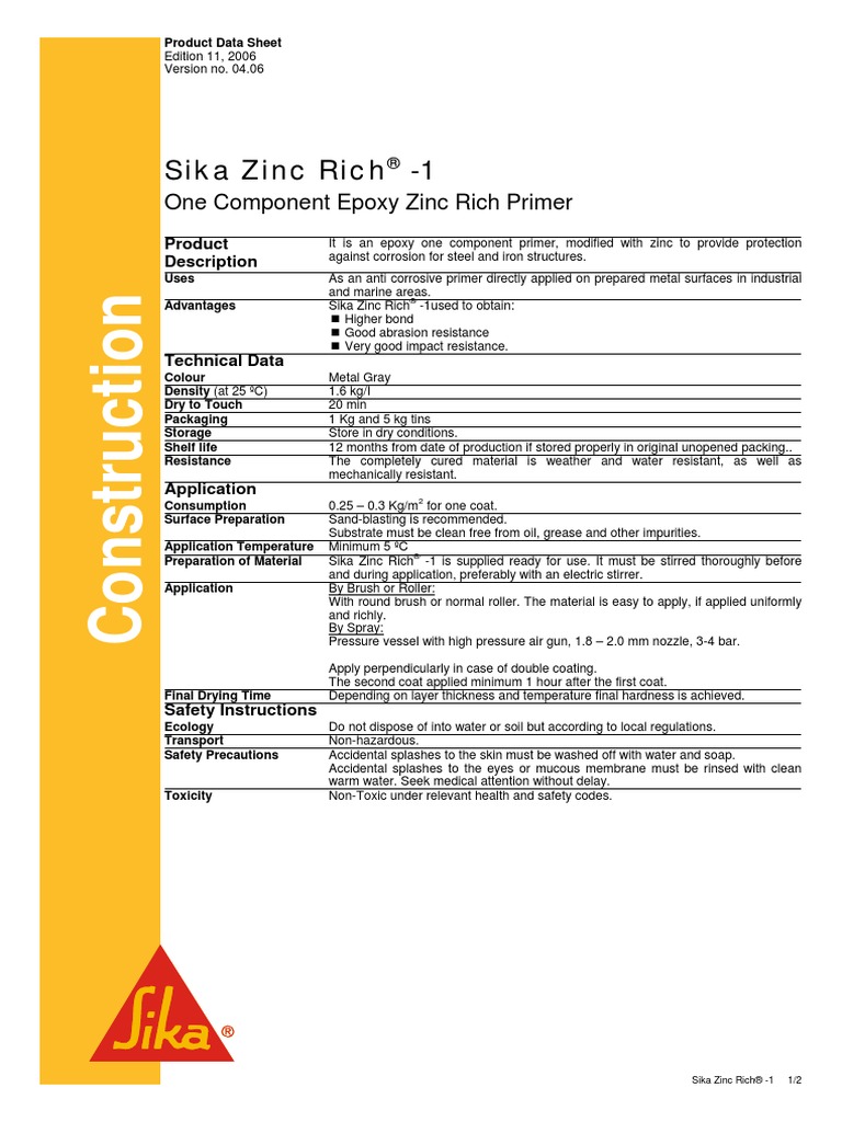 Sika Zinc Rich 1 | PDF | Epoxy | Zinc
