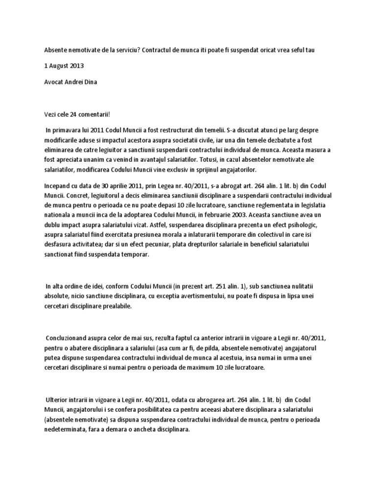 Absente Nemotivate De La Serviciu