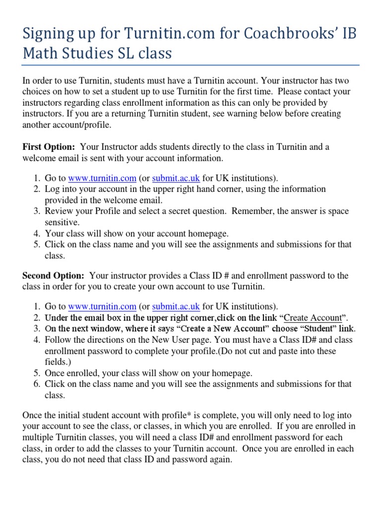 Turnitin Sign-Up Guide for IB Math SL | PDF