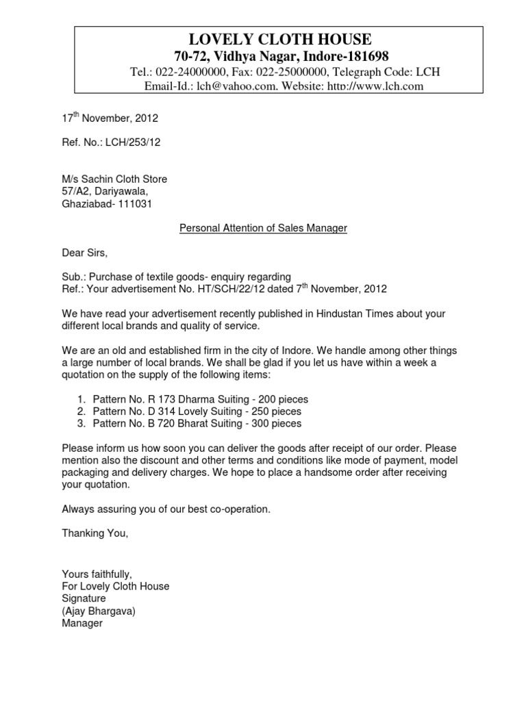 enquiry letter for quotation