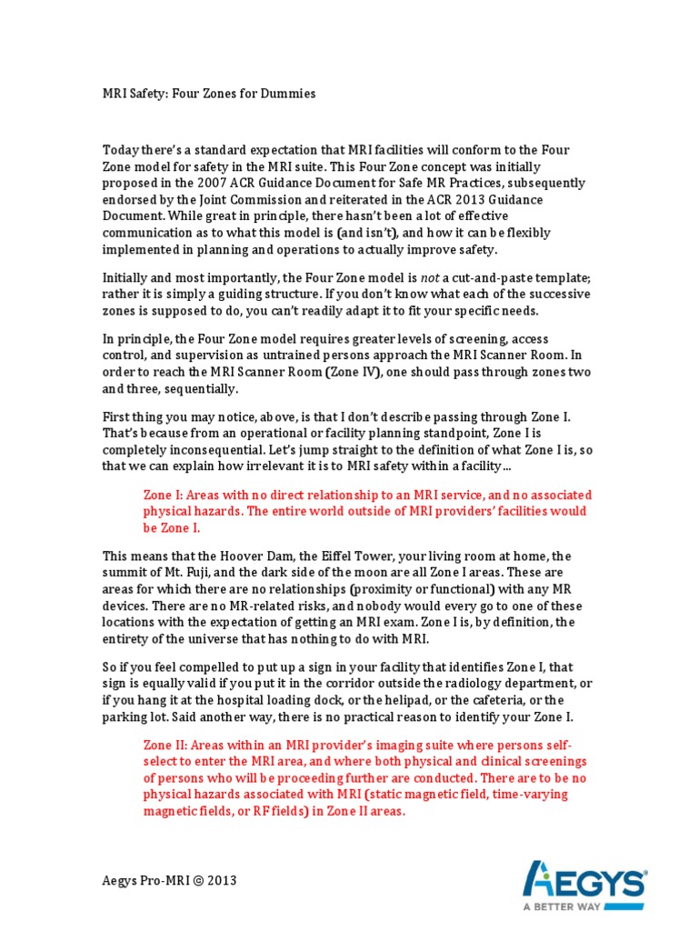 Aegys ProMRI MRI SafetyFour Zones For Dummies PDF PDF