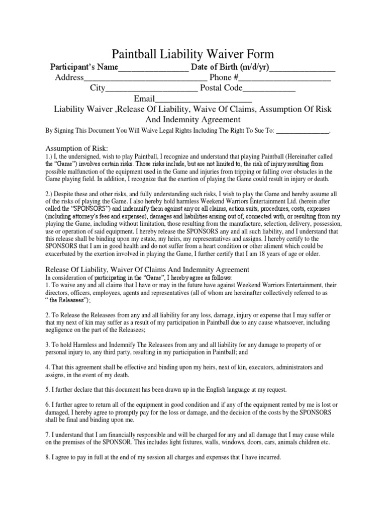 Paintball Liability Waiver Form PDF