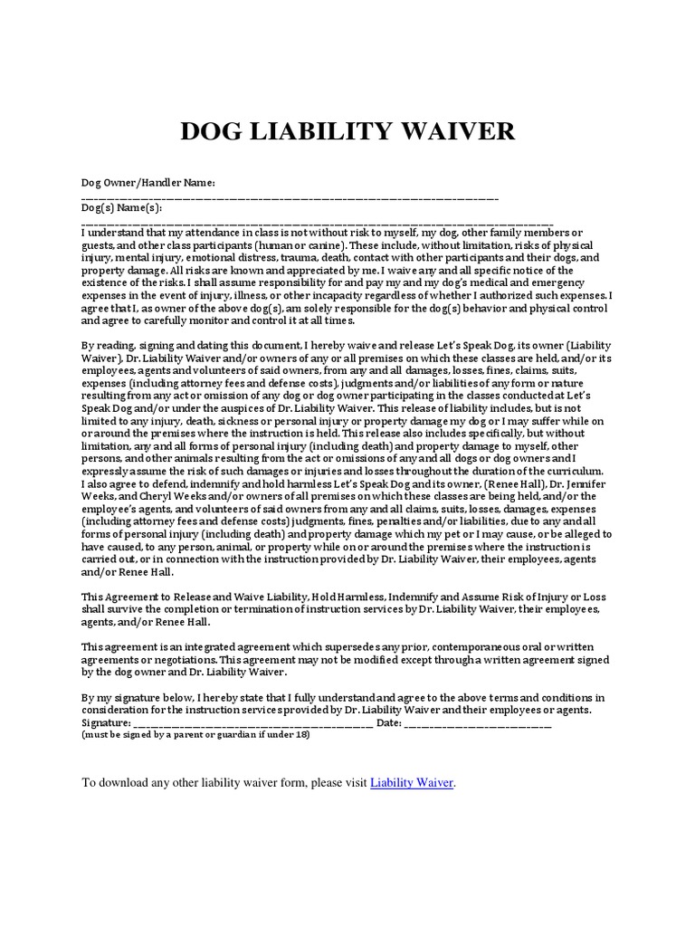 Dog Liability Waiver Form PDF | PDF | Indemnity | Damages for Free Printable Bounce House Waiver