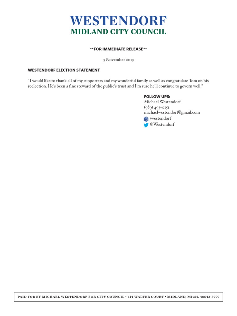 Westendorf Election Statement 2013 | PDF | Sports & Recreation