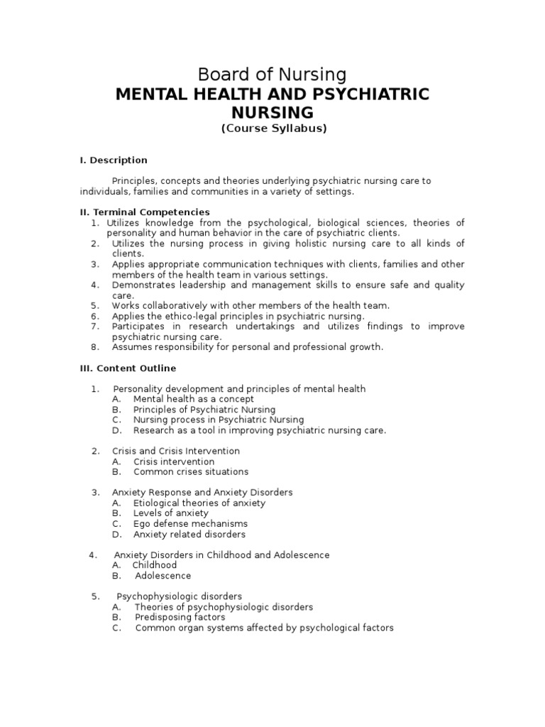 Mental Health Nursing Course Syllabus | PDF | Psychiatric And Mental ...