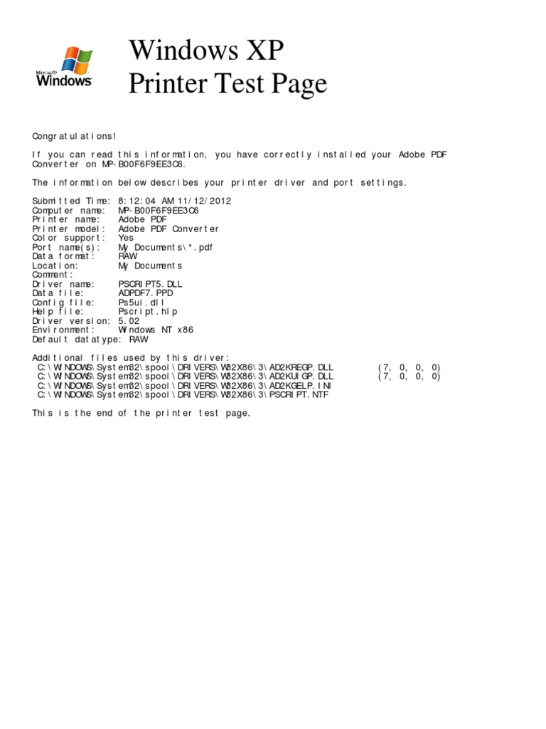 Windows XP Printer Test Page | PDF | Computers