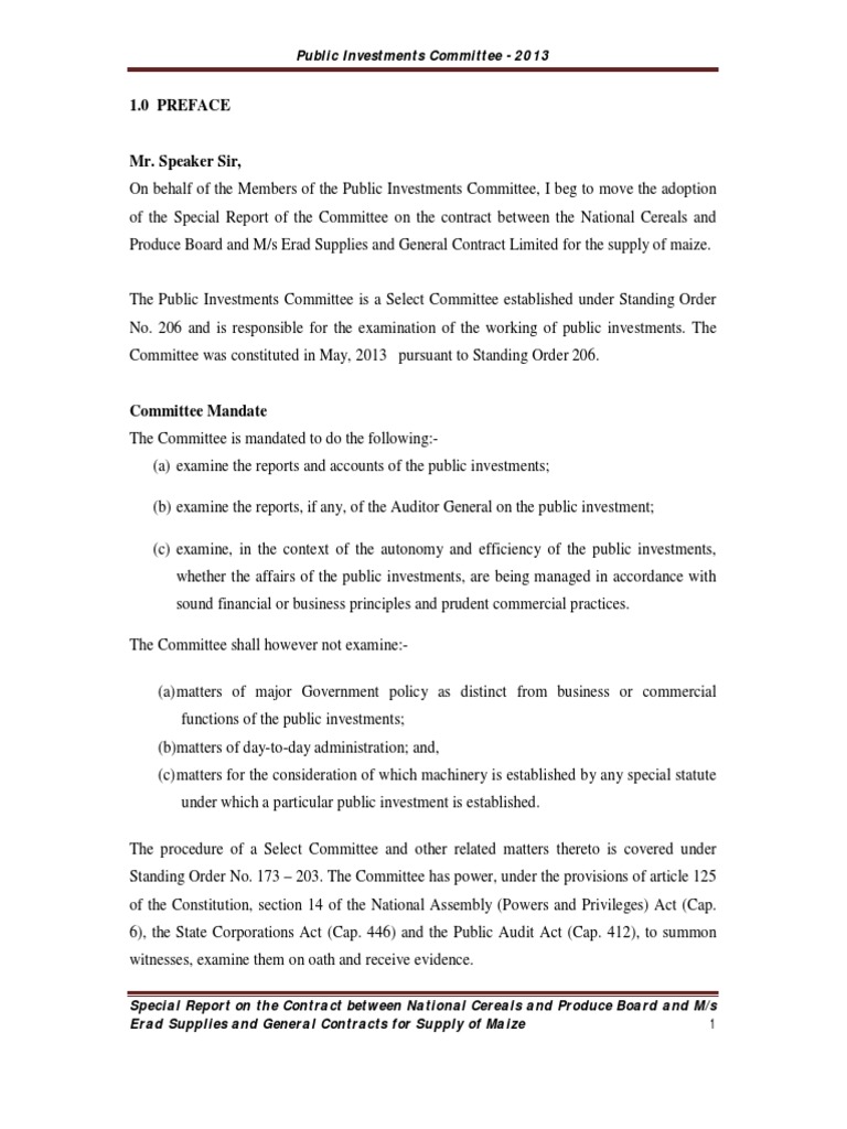 Special Report Of PIC On The Contract Between The NCPB And Erad Supplies And General Contracts 