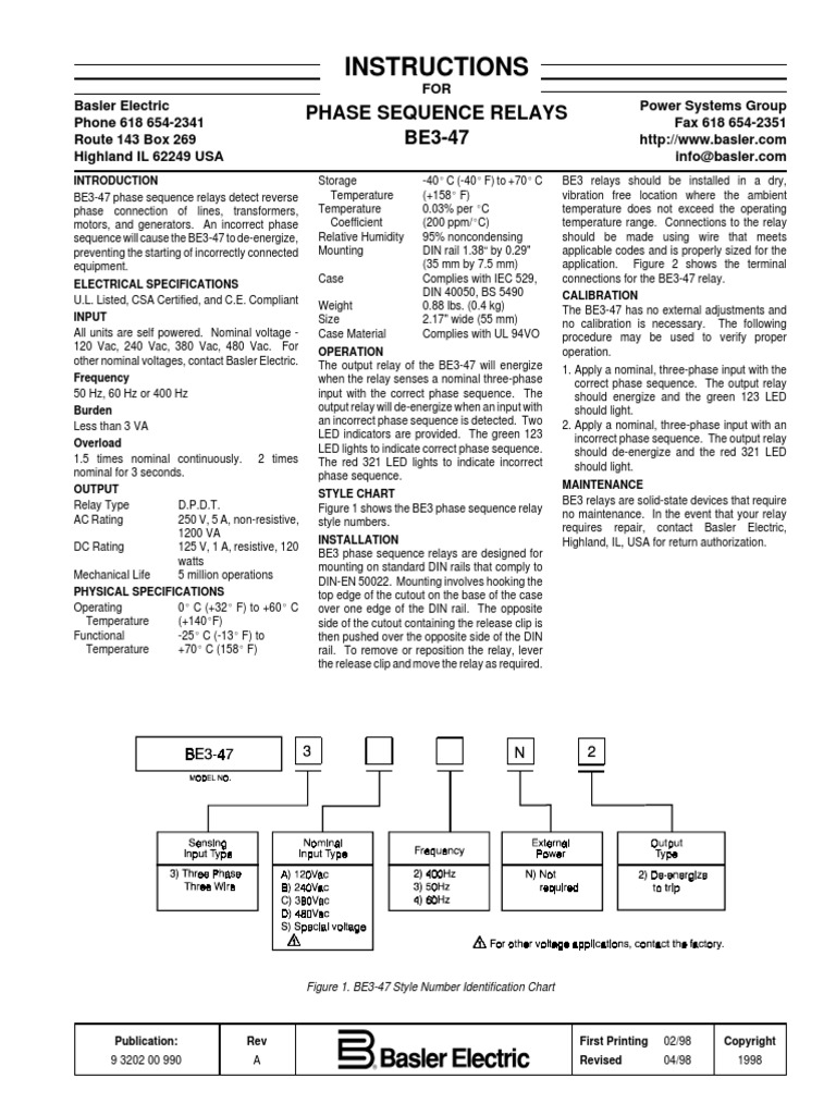 Instructions Phase Sequence Relays BE347 PDF Relay Electricity