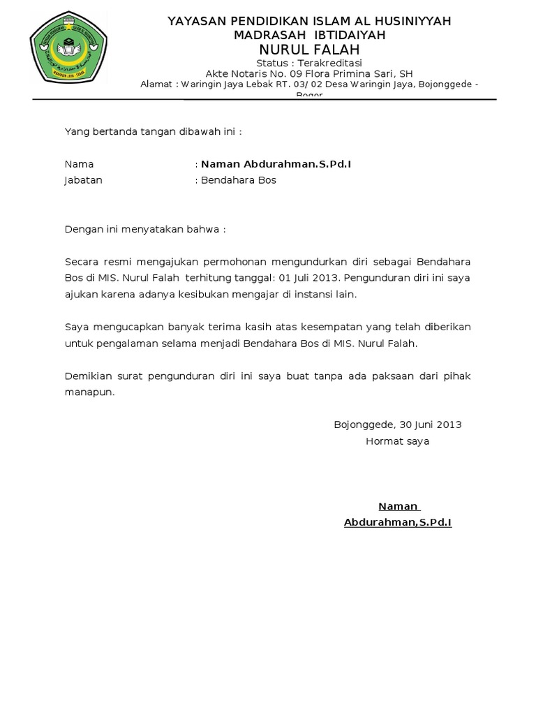 Contoh Surat Pengunduran Diri Dari Jabatan Bendahara Bos Kumpulan Surat Penting