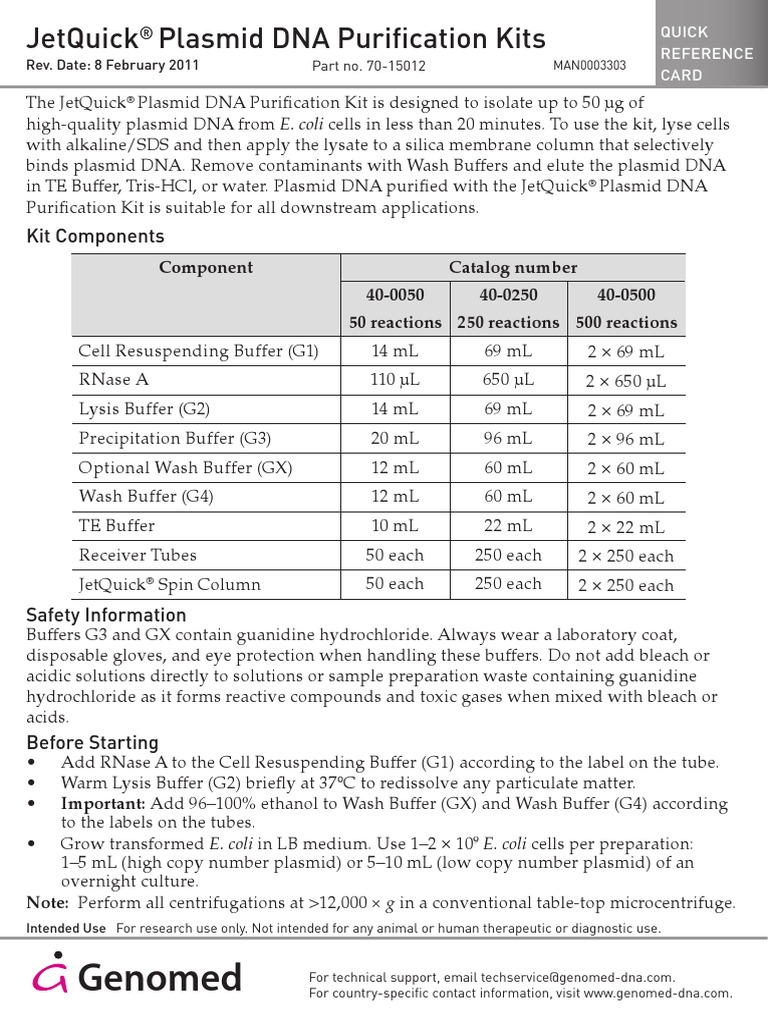 JetQuick Plasmid Miniprep Genomed PDF Molecular Biology