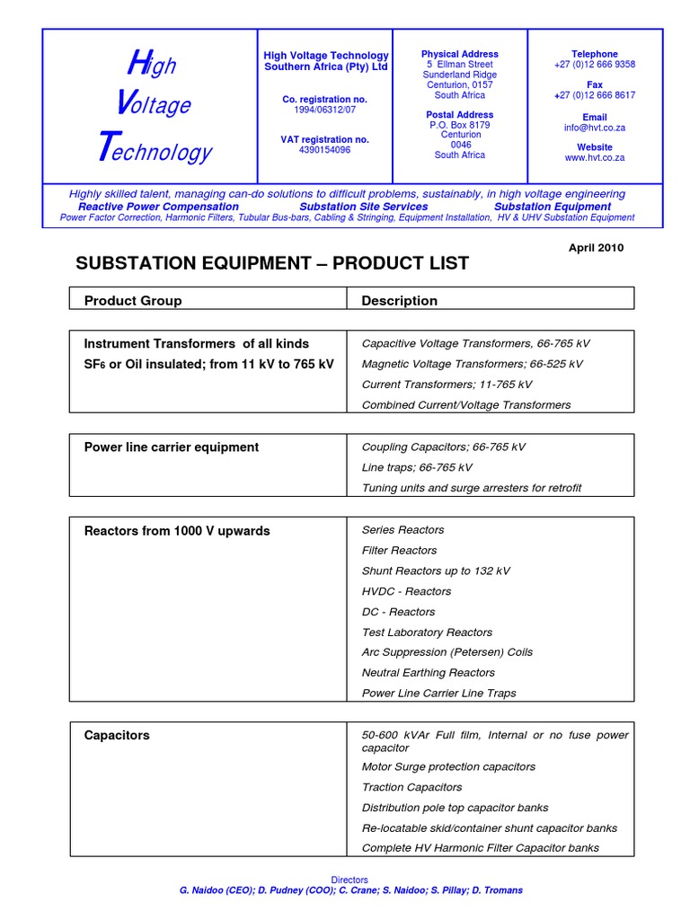 HVT Substation Equipment Product List.pdf Electrical Substation Transformer
