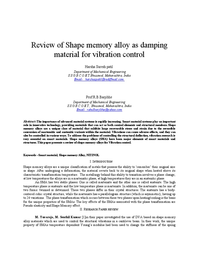 Review of Shape Memory Alloy As Damping Material For Vibration Control