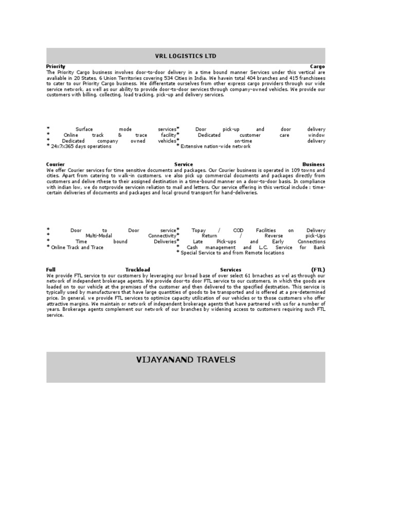 Vijayanand Travels: VRL Logistics LTD | PDF | Bus | Delivery (Commerce)