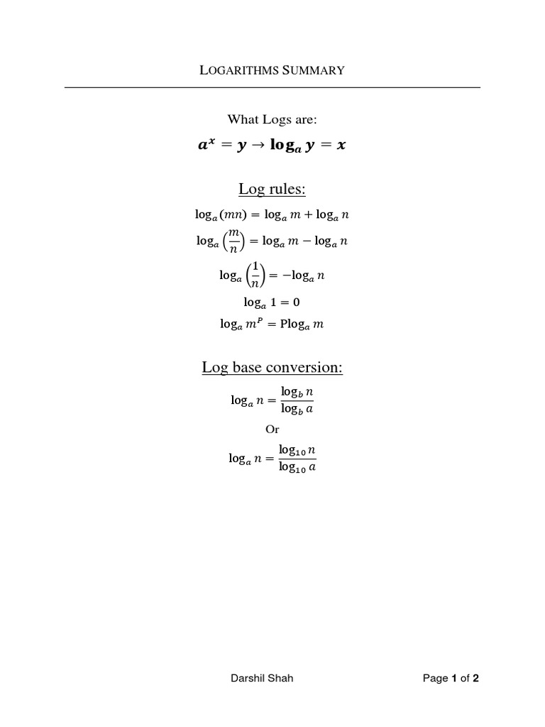 Logarithms Summary and Rules | PDF