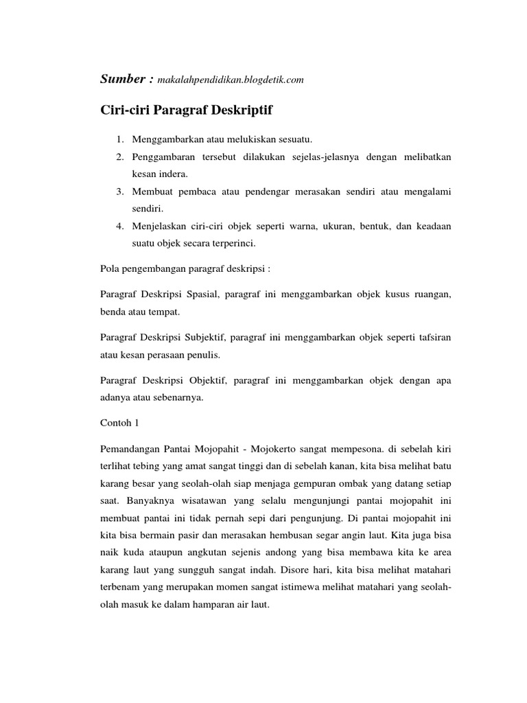 Ciri-Ciri Paragraf Deskriptif.