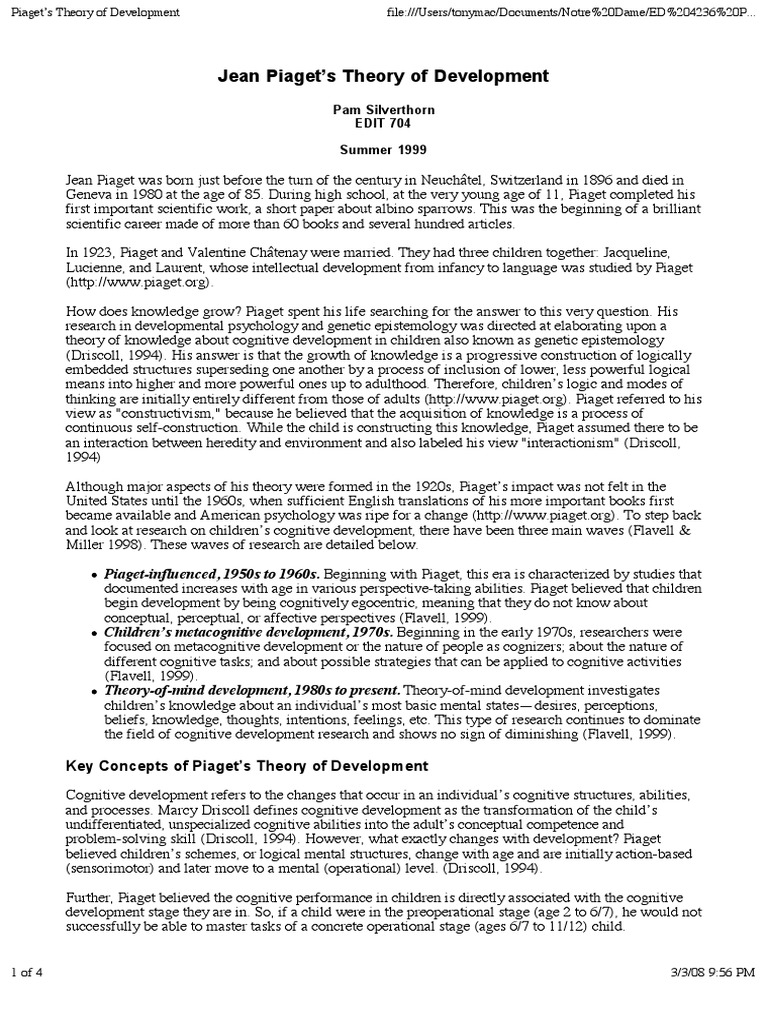 Piaget's Stages of Cognitive Development | PDF | Cognitive Development ...