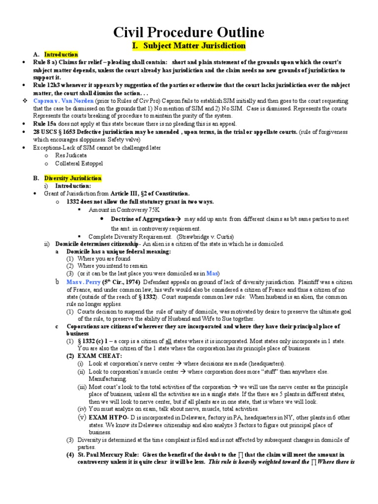 Civil Procedure Outline I. Subject Matter Jurisdiction