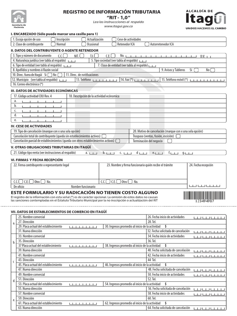 Formulario Registro de Información Tributaria RIT 1,0