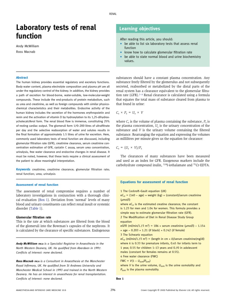 laboratory tests of renal function.pdf Renal Function Creatinine