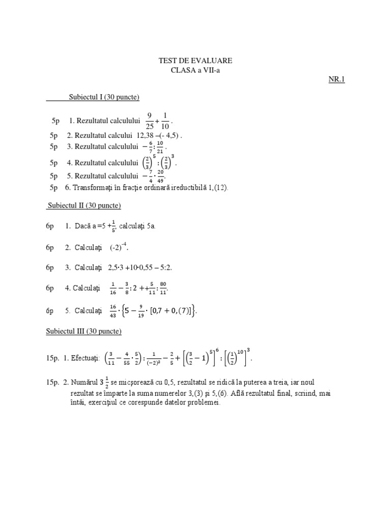 Test de Evaluare Clasa 7 Sem | PDF