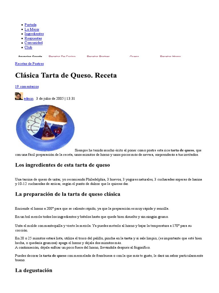 Tarta de Queso Clásica - Receta | PDF | Tarta de queso | Postres