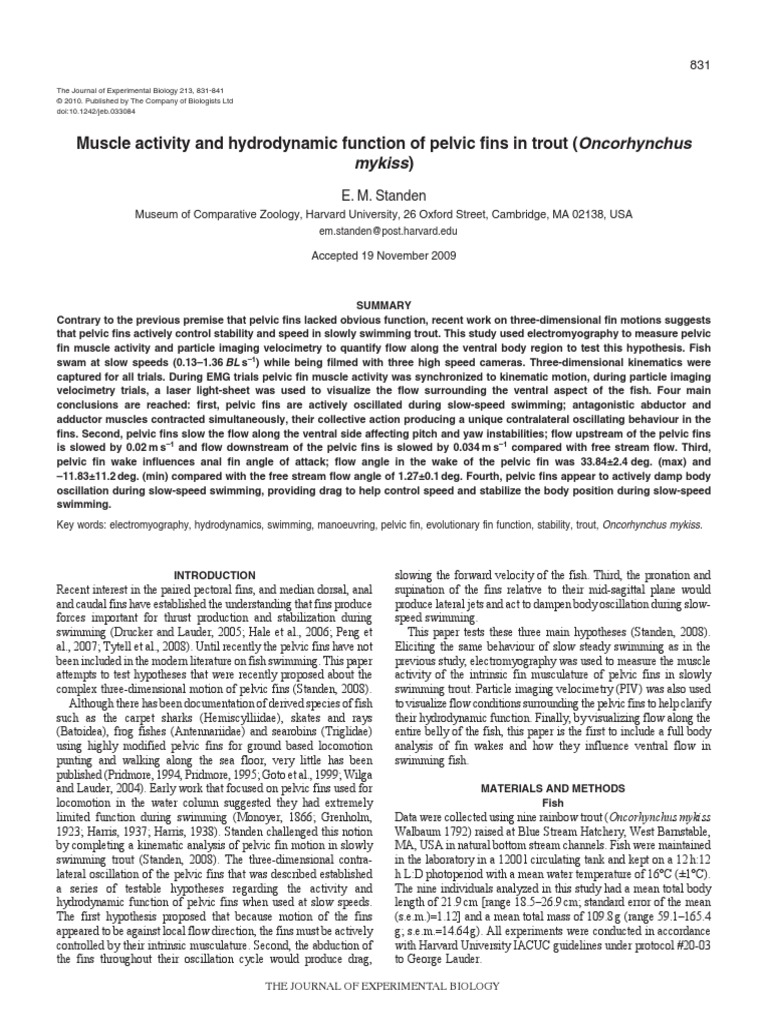 Muscle Activity and Hydrodynamic Function of Pelvic Fins in Trout