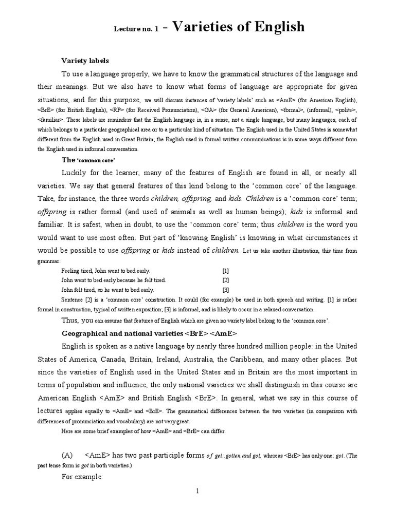 Varieties of English: Lecture No. 1 | PDF | English Language | Phrase