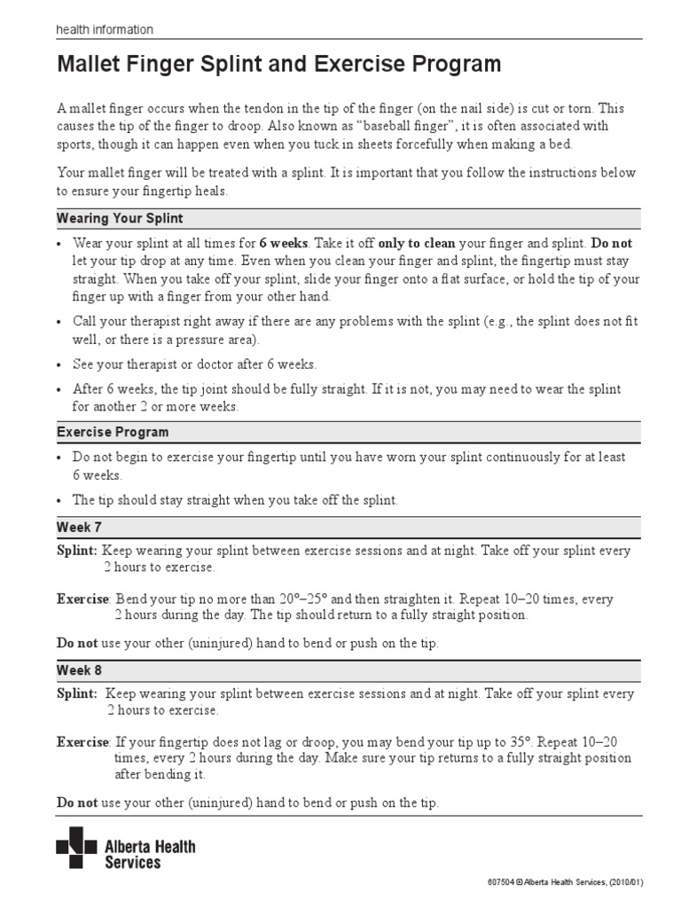 Mallet Finger Splint and Exercise Program PDF Health Care