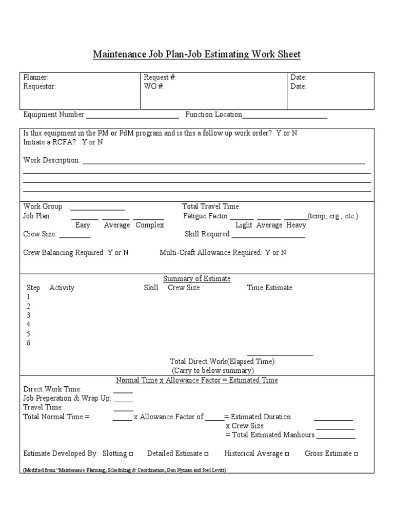 Job PLan Job Estimating Sheet | PDF