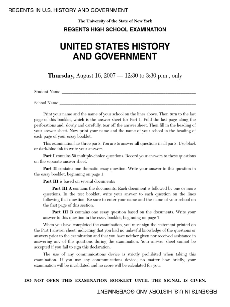 NY Regents US HIstory Test PDF Union (American Civil War) United States Constitution