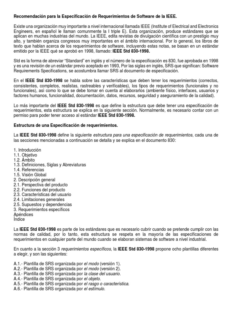 Estructura del Estándar IEEE 830-1998 | PDF | Ingeniería de ...