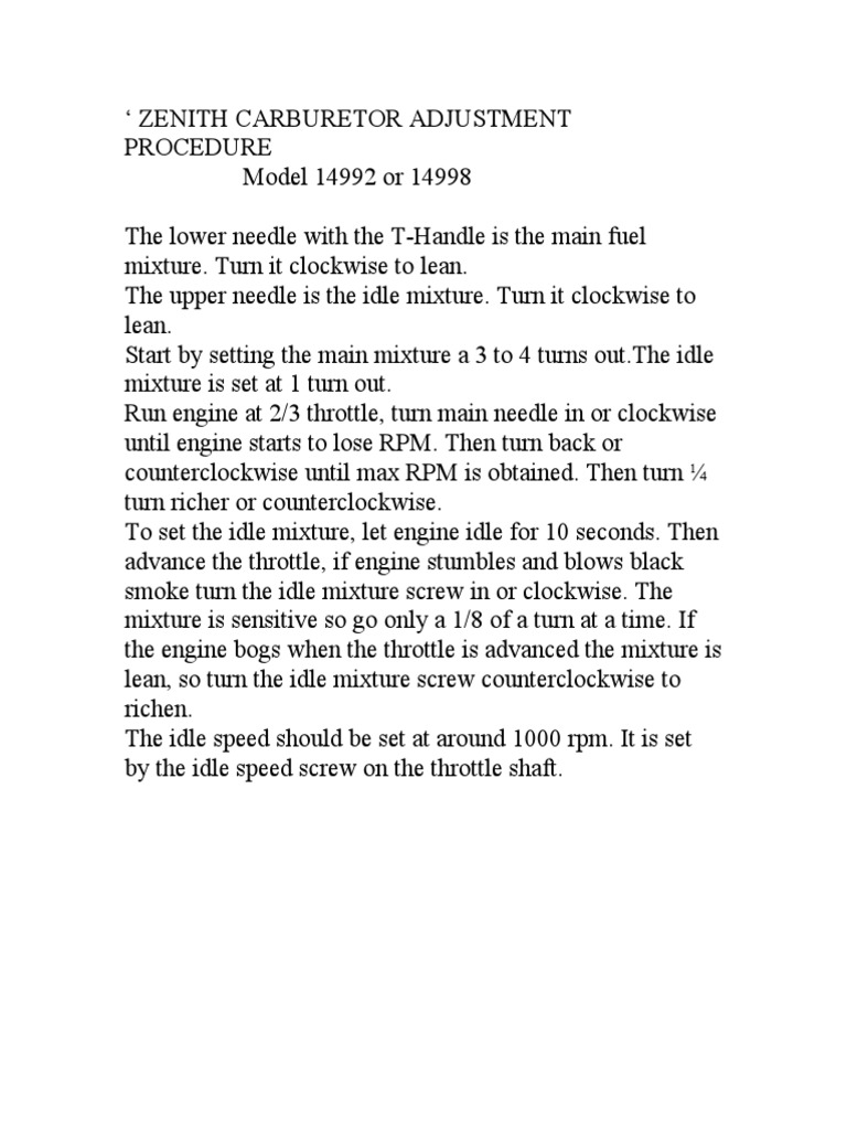 Zenith Carburetor Adjustment Procedure 14992 PDF