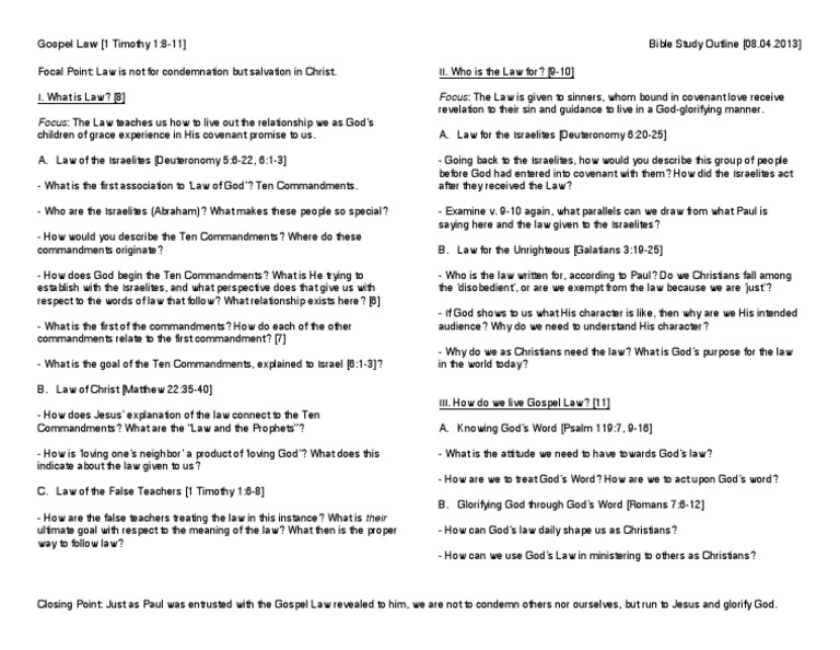 1 Timothy 1:8-11 Bible Study Outline | Ten Commandments | Covenant
