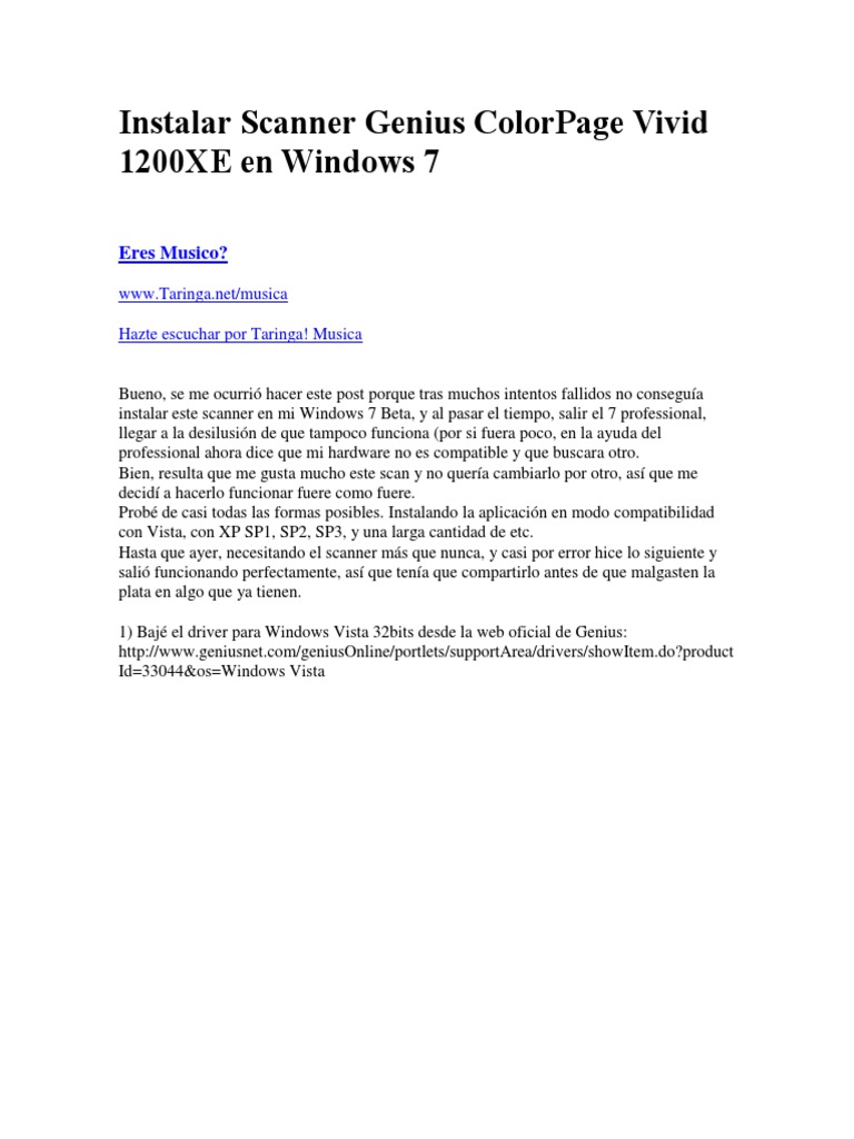 Instalar Scanner Genius ColorPage Vivid 1200XE en Windows 7 | PDF