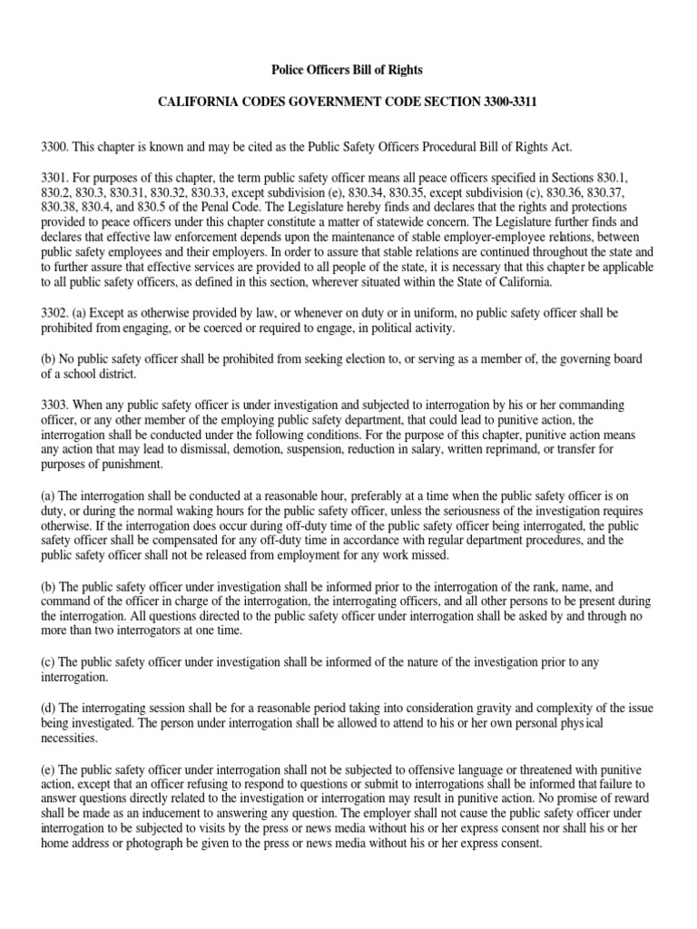 Police Officers Bill of Rights California Codes Government Code Section
