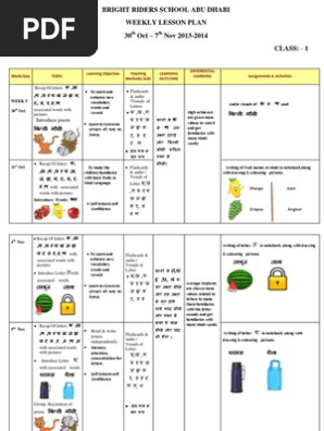 grade 1 hindi lesson plan 30th oct 7th nov pdf vocabulary teaching