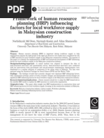 Framework of Human Resource Planning (HRP) Influencing Factors For Local Workforce Supply in Malaysian Construction Industry PDF