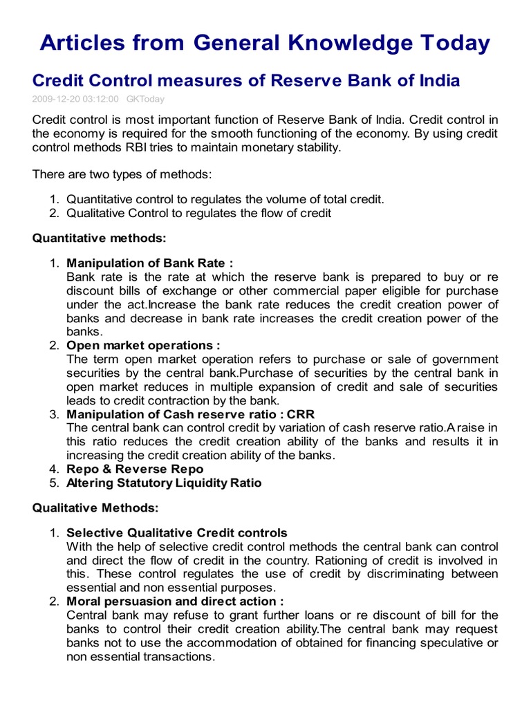 RBI Credit Control Measures Explained | PDF