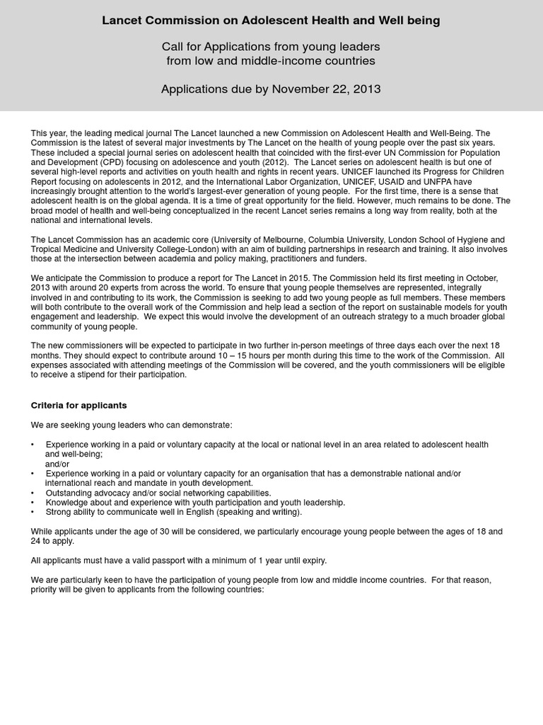 Lancet Commission Youth Application PDF PDF Youth Address (Geography)