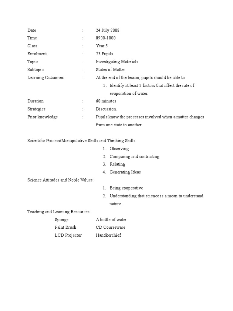 lesson plan science tahun 5 investigating materials part 4